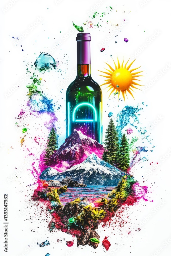 a bottle of wine with a mountain scene in the background cutout for summer beach cocktail club party flyer design isolated on white background