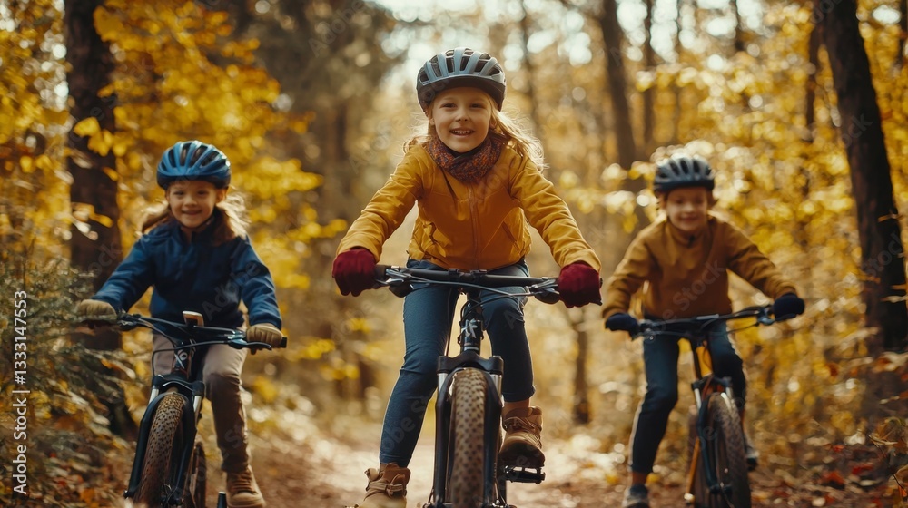 Fototapeta premium Discover the joys of outdoor cycling with the family in the woods.