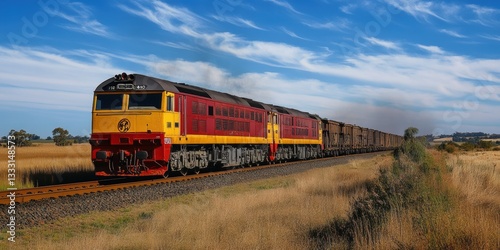 Long train on tracks featuring a vibrant yellow and red train car in motion.