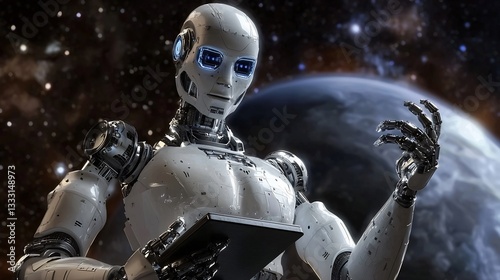Ai powered attorney robot arguing major interplanetary dispute ultra detailed cosmic legal theme cinematic visuals