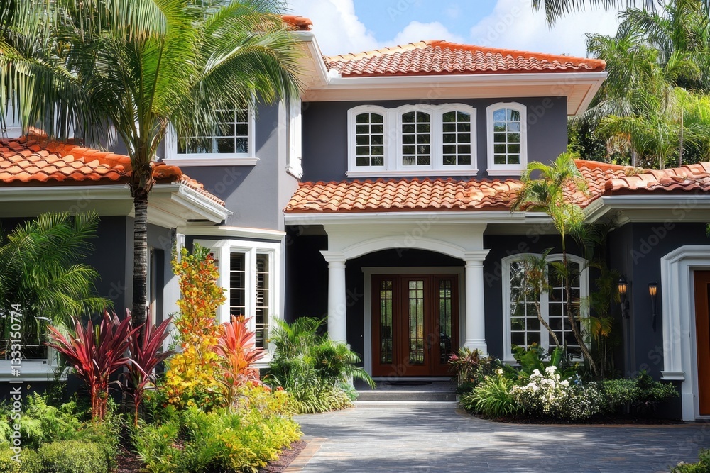Fototapeta premium Beautiful Tropical House Facade with Garden