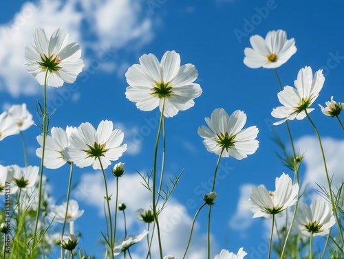 Beautiful white cosmos flowers blooming against a bright blue sky with fluffy clouds creating a serene and vibrant natural landscape
