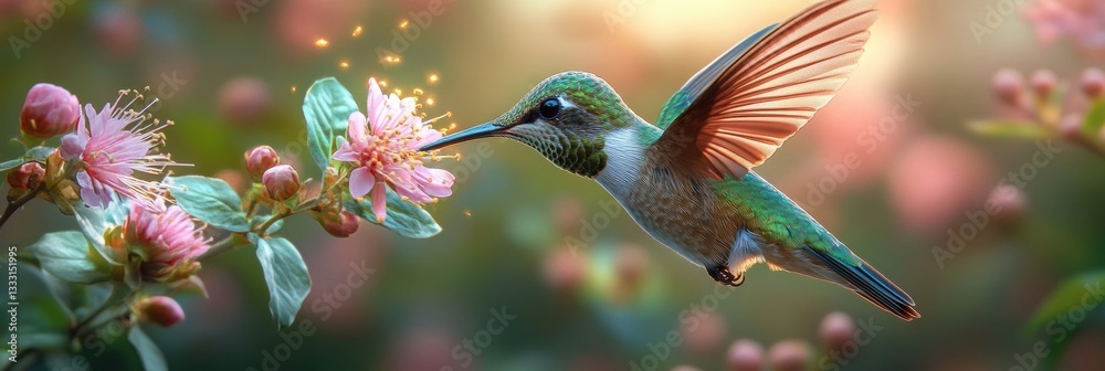 Fototapeta premium Vibrant Hummingbird Feeding on Pink Blossoms in Nature's Beauty