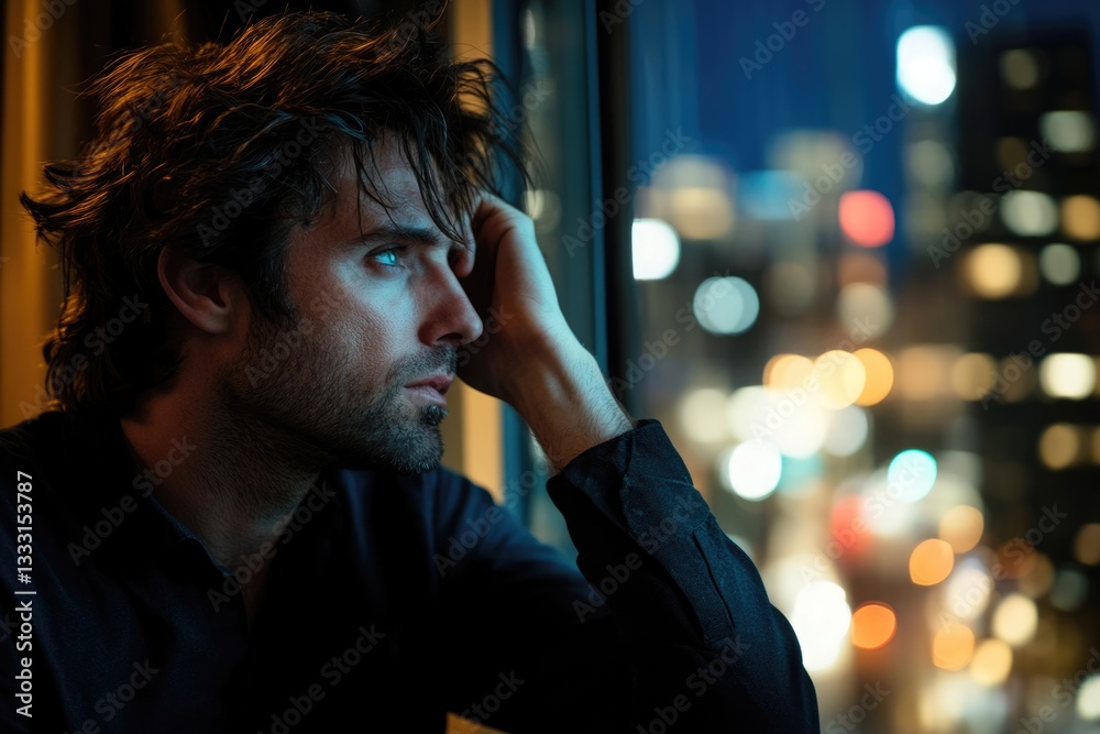 A pensive man gazes out a window at a blurred city nightscape, lost in thought.