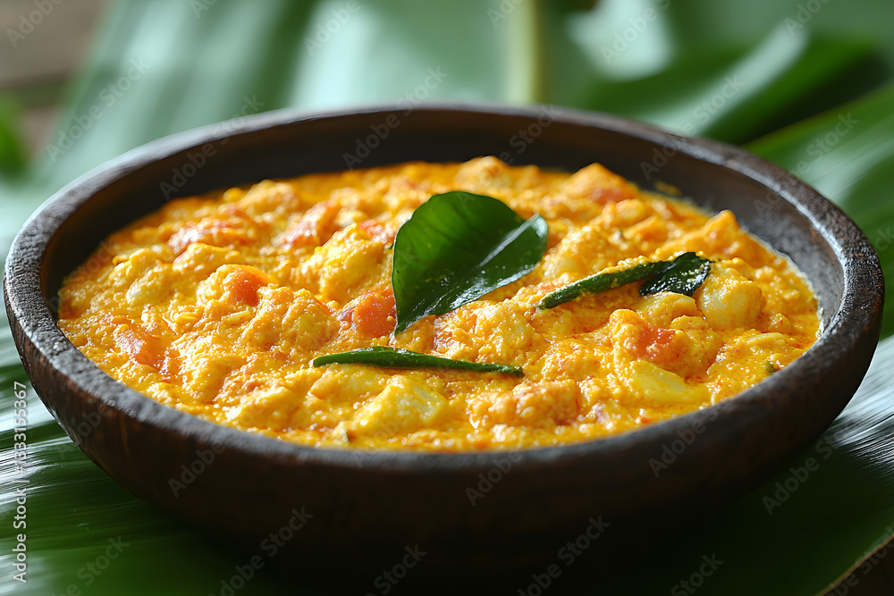Vibrant bowl of savory curry with fresh ingredients, set against a lush green background Vibrant bowl of savory curry with fresh ingredients, set against a lush green background
