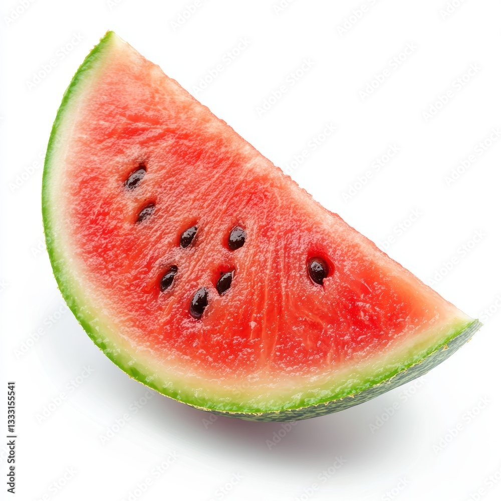 A fresh slice of watermelon rests on a clean white surface. A fresh slice of watermelon rests on a clean white surface.