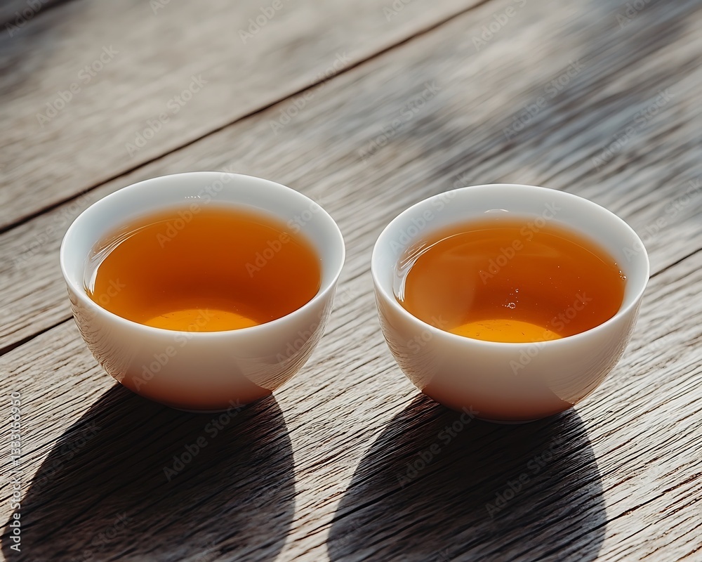 Sunlit Tea Cups on Wooden Table. Sunlit Tea Cups on Wooden Table.