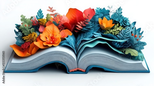 Vibrant Floral Explosion Emerging from an Open Book Display