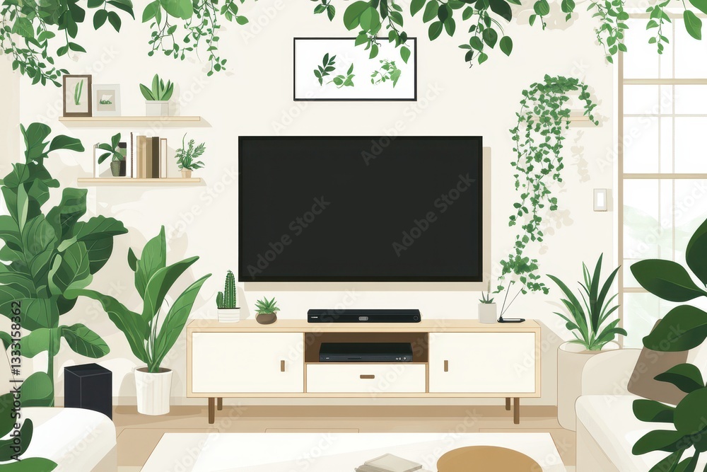 Fototapeta premium Modern Living Room with Green Plants and Minimalist Decor Elements