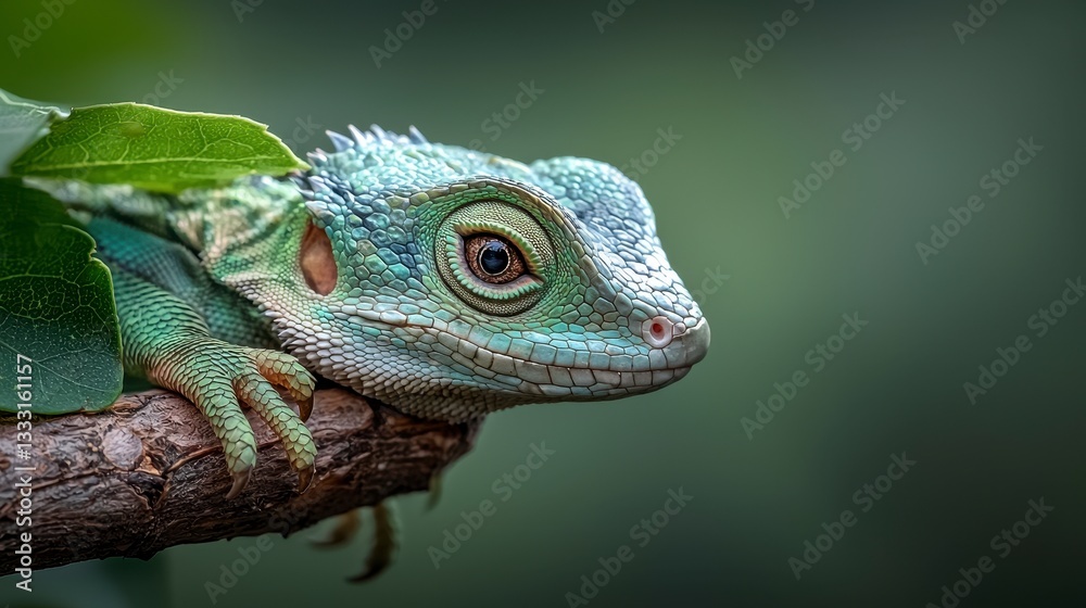 Obraz premium Close Up of a Green Lizard on a Branch