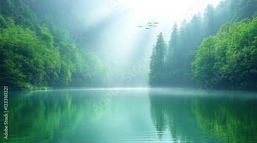 Misty mountain lake serene