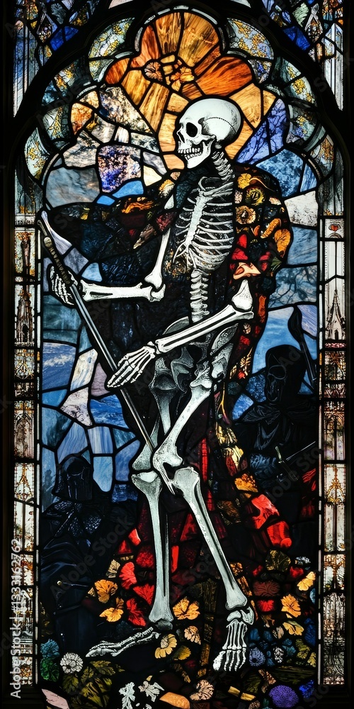 Stained glass skeleton figure death allegory art