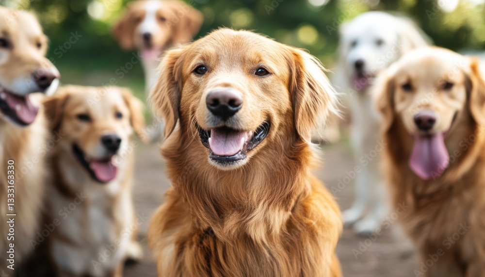 A group of dogs stands together on a dirt surface. A group of dogs stands together on a dirt surface.