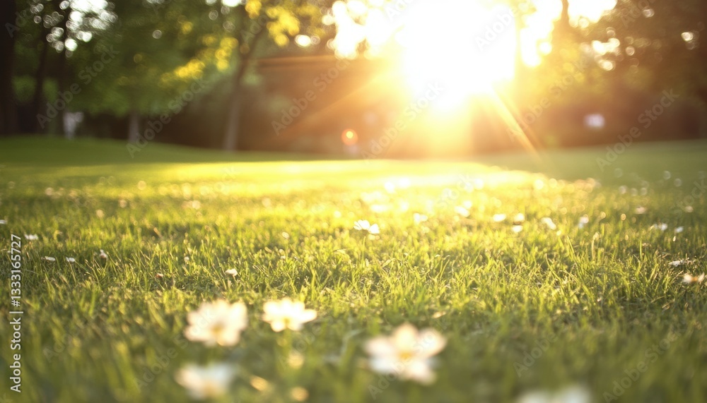 Fototapeta premium Sunlight filters through trees onto a grassy field adorned with daisies.