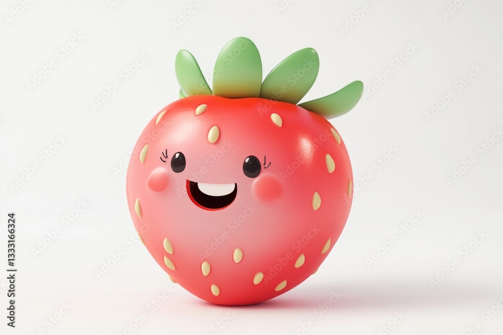 custom made wallpaper toronto digitalA happy cartoon strawberry with a big smile, green leaves, and light yellow seeds.