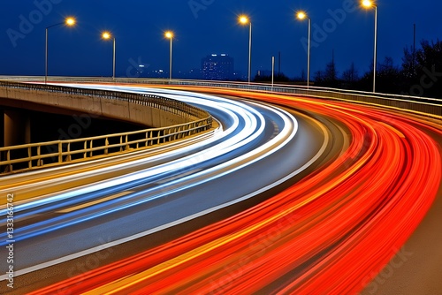 Curving Highway Light Trails at Night Cityscape