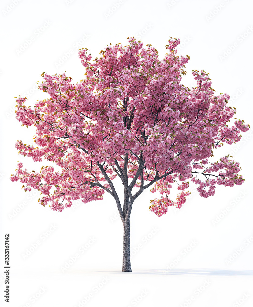 Fototapeta premium Cherry blossom tree with vibrant pink flowers and lush green leaves