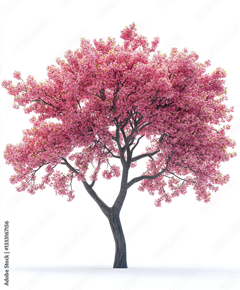 Vibrant cherry blossom tree with lush pink flowers and green leaves Vibrant cherry blossom tree with lush pink flowers and green leaves