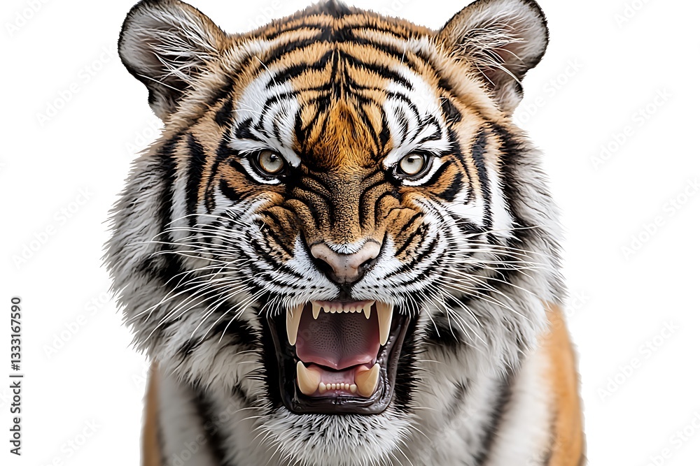 Fototapeta premium Snarling tiger headshot on white.
