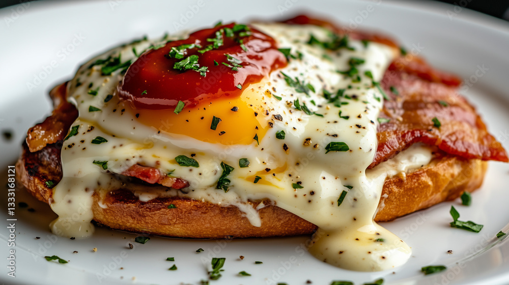 Eggs Benedict with Spicy Ketchup on White Background Eggs Benedict with Spicy Ketchup on White Background