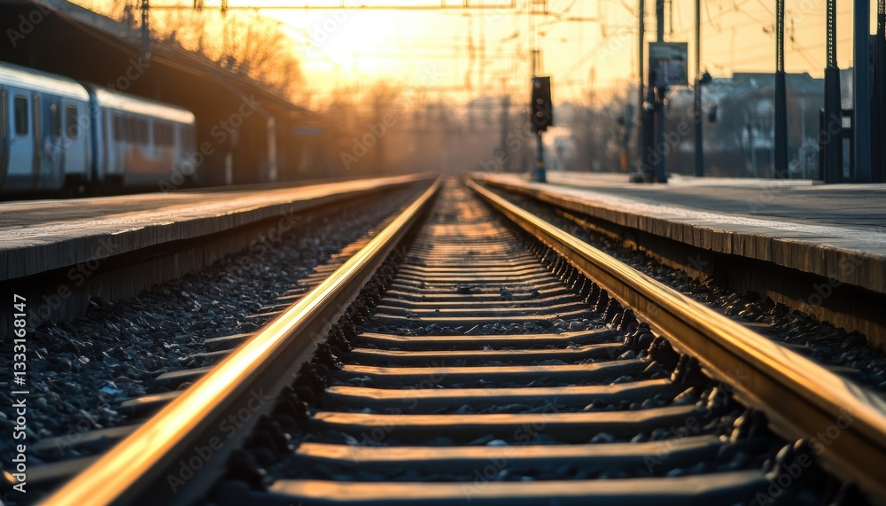A train travels down tracks as the sun sets, casting warm colors across the sky. A train travels down tracks as the sun sets, casting warm colors across the sky.