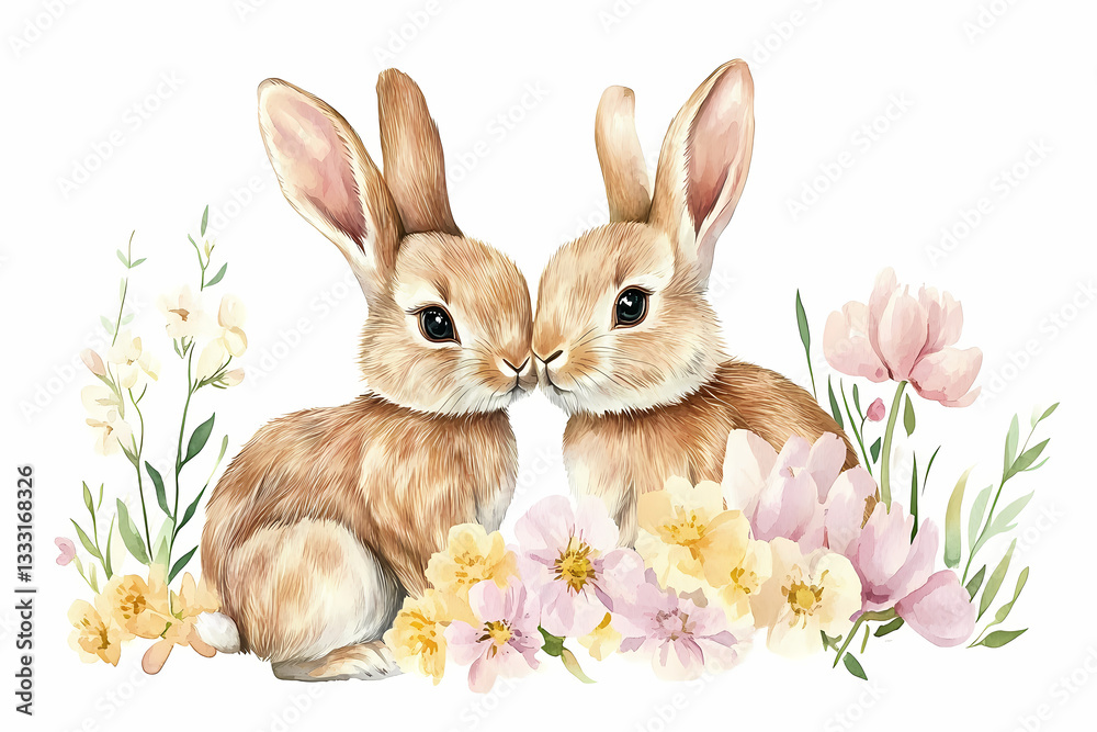 Obraz premium Enchanting Easter Bunnies: A heartwarming watercolor illustration of two adorable bunnies snuggled together amidst a vibrant array of spring flowers.
