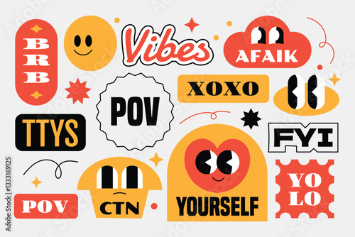 Trendy and groovy character cartoon with slang words gen z and millenials.