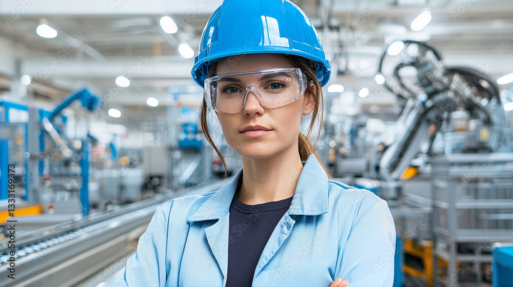Confident Engineer in Factory with Protective Gear Safety First Assured Manufacturing Standards Confident Engineer in Factory with Protective Gear Safety First Assured Manufacturing Standards