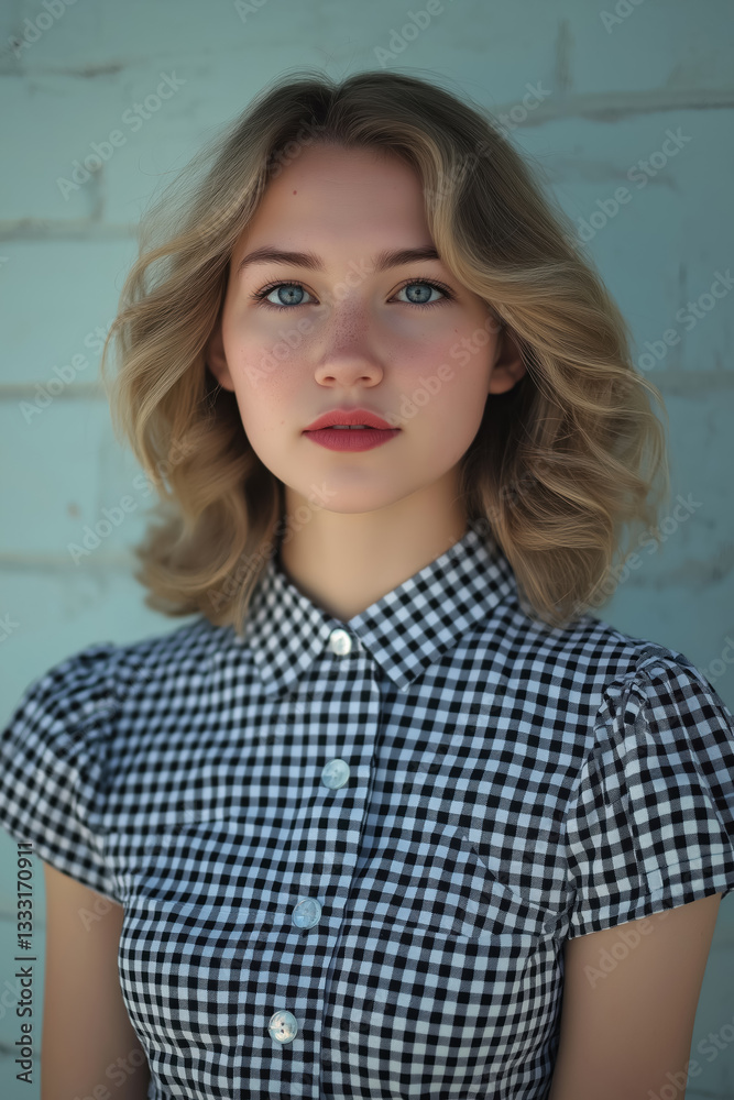 portrait of attractive young woman with wavy blonde hair wearing stylish checkered summer dress outdoors in natural sunlight portrait of attractive young woman with wavy blonde hair wearing stylish checkered summer dress outdoors in natural sunlight