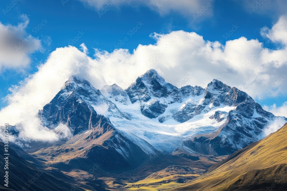 Obraz premium Snow-capped mountains under a partly cloudy sky create a serene landscape.