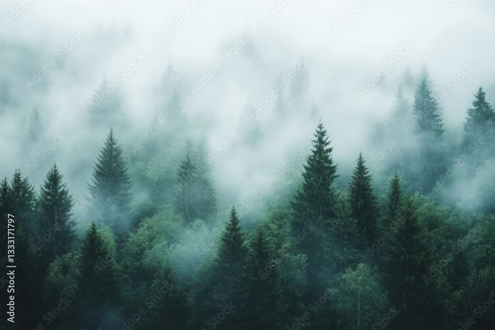 Misty forest with trees shrouded in fog creates a serene and mysterious atmosphere. Misty forest with trees shrouded in fog creates a serene and mysterious atmosphere.