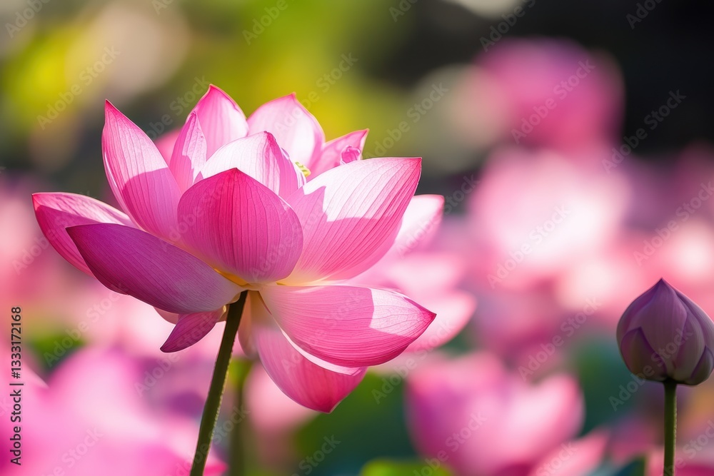 Fototapeta premium A pink flower blooms vibrantly in a lush green field, showcasing nature's beauty.