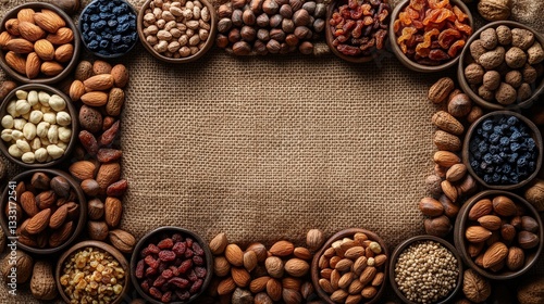 Assorted Nuts and Dried Fruits in Bowls Frame on Burlap Background