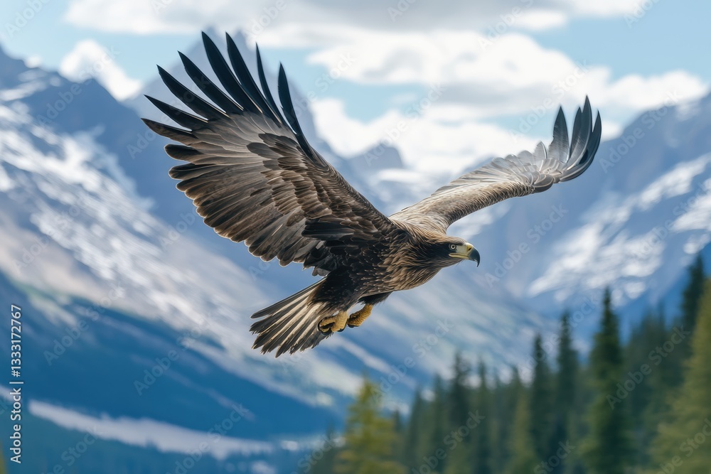 Fototapeta premium A large bird soars gracefully across the clear blue sky.