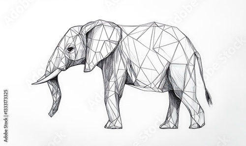 A geometric black and white drawing of an elephant standing