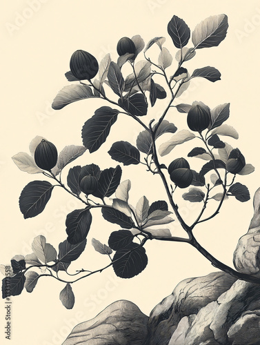 Black fig tree silhouette isolated white background detailed botanical artwork elegant foliage nature aesthetic fine line drawing minimalist landscape organic forest scene refined illustration sketch