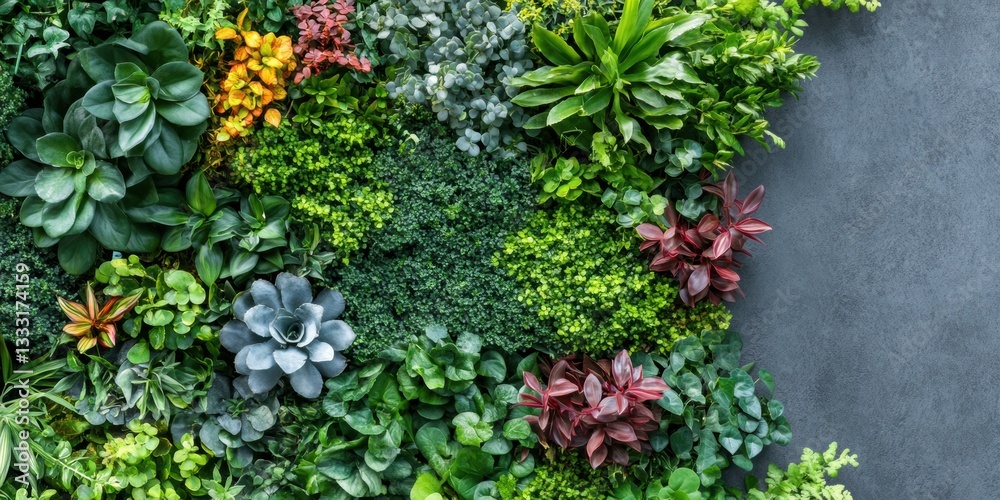 A vibrant close-up of various colorful plants against a textured wall. A vibrant close-up of various colorful plants against a textured wall.