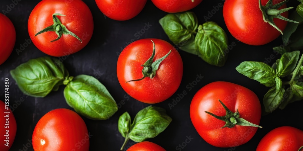 A close-up of ripe tomatoes surrounded by fresh basil leaves. A close-up of ripe tomatoes surrounded by fresh basil leaves.