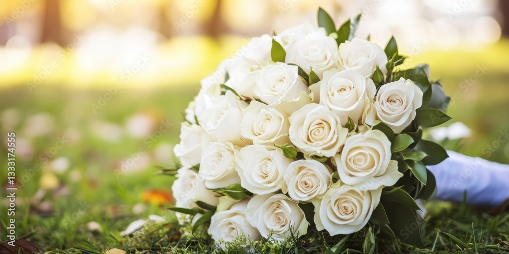 A bouquet of white roses lies gracefully on the ground. A bouquet of white roses lies gracefully on the ground.