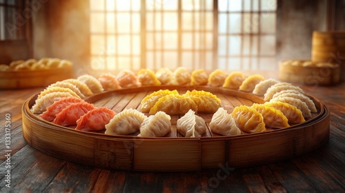 Colorful Variety of Dumplings in a Bamboo Steamer Background