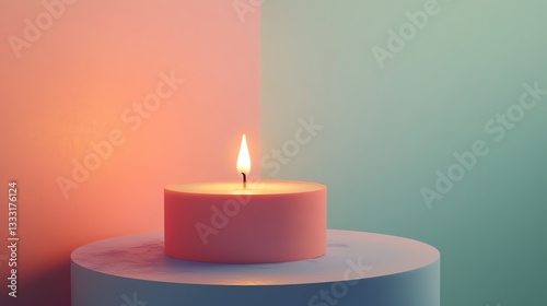 Tranquil Candle on a Pedestal Surrounded by Soft Pastel Colors Creating a Calming Atmosphere in a Minimalist Setting photo