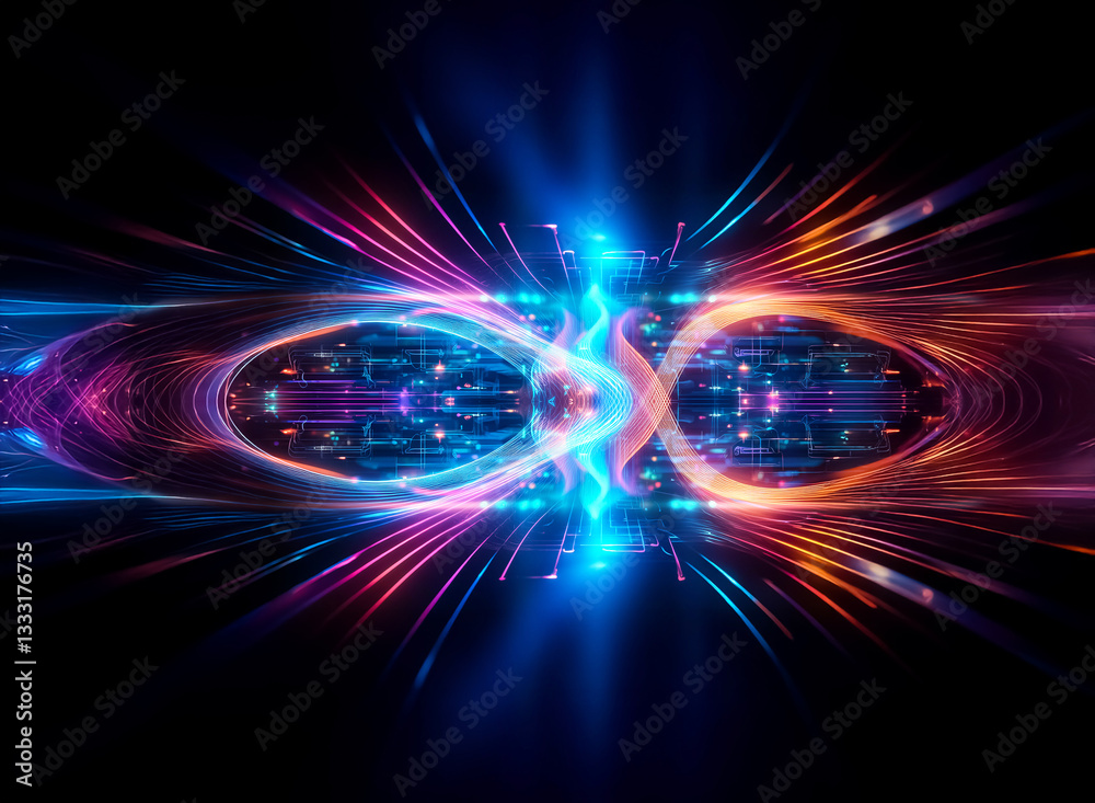 Obraz premium Abstract futuristic design featuring vibrant blue and orange light trails forming an infinity symbol against a dark backdrop, creating a dynamic and energetic visual.