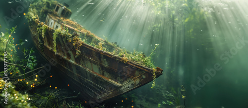 A rendering of a long decayed, sunken boat or ship that has plummeted to the bottom of the ocean or sea. Useful for discussion of wreckage discovery, environmental impacts and treasure hunting.
