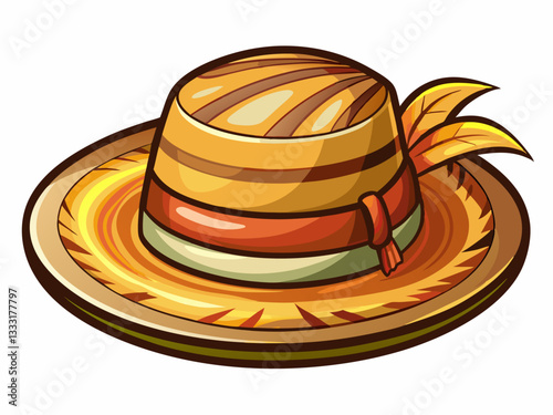 vector of  A straw hat with a wide brim and a brown ribbon around the crown. The hat is made of woven straw and has a slightly rounded crown.