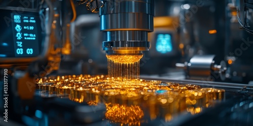 Automated industrial machinery pouring molten gold in a foundry