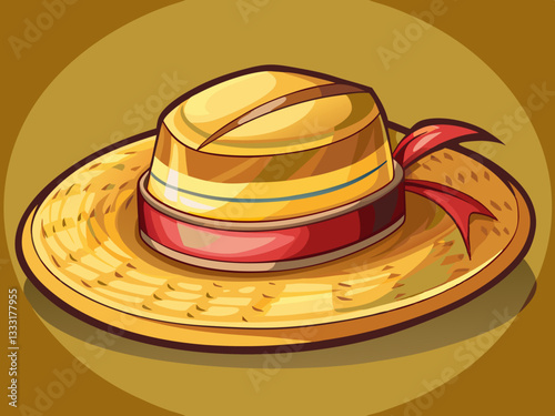 vector of  A straw hat with a wide brim and a brown ribbon around the crown. The hat is made of woven straw and has a slightly rounded crown.