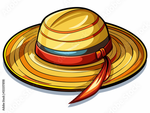 vector of  A straw hat with a wide brim and a brown ribbon around the crown. The hat is made of woven straw and has a slightly rounded crown.