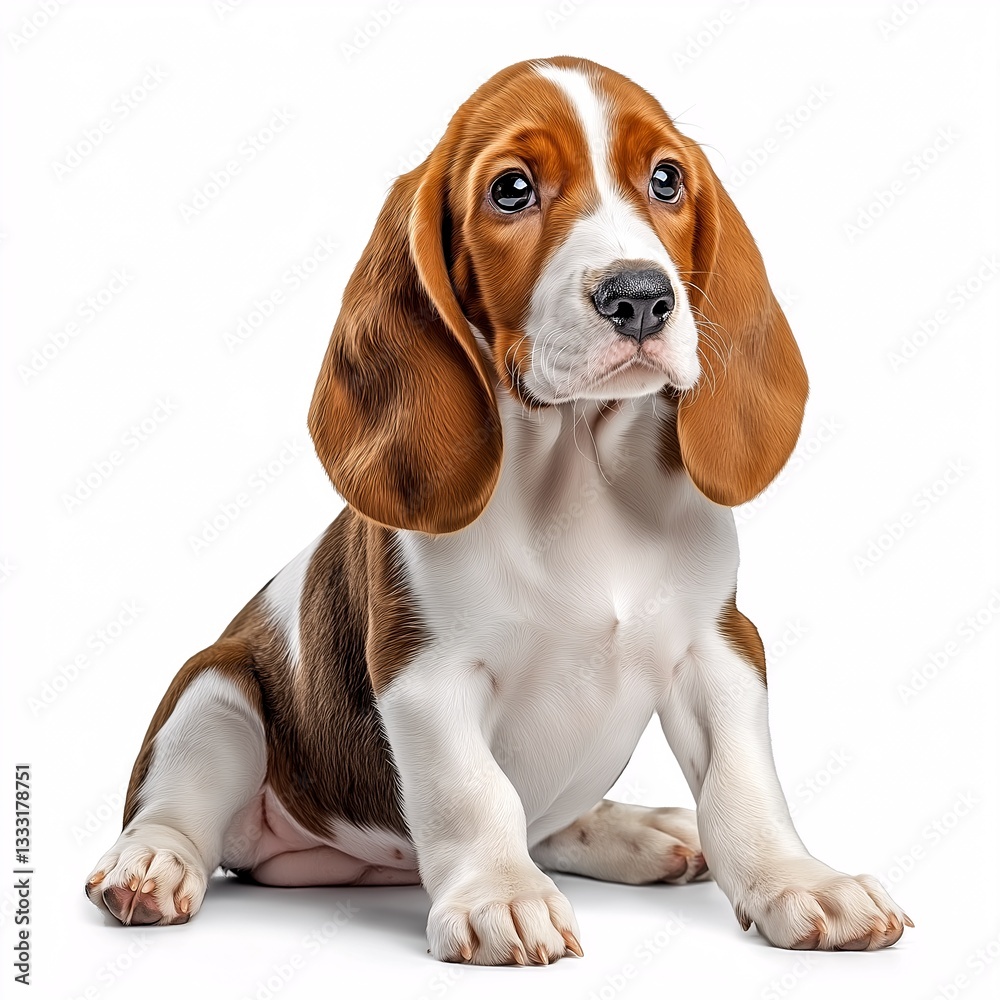 Adorable Young Basset Hound Puppy with Long Ears on White Background - Cute Pet Photography Adorable Young Basset Hound Puppy with Long Ears on White Background - Cute Pet Photography