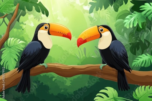  Exotic Toucan Pair Sitting on Tree Branch in Jungle Environment / toucan on a branch