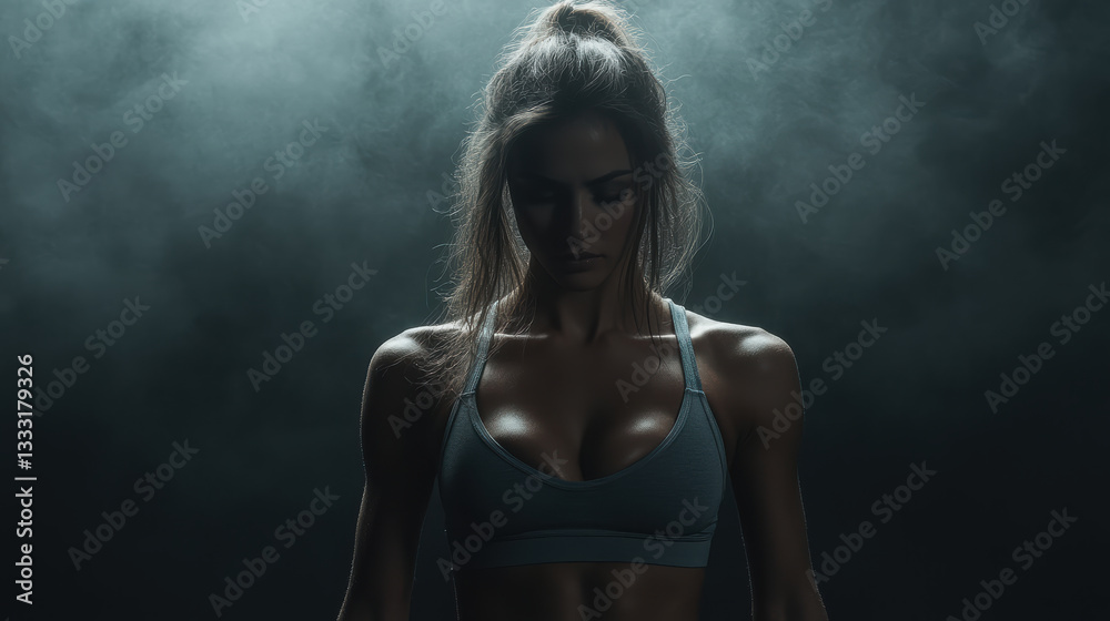 Dynamic workout pose showcasing fit woman in smoky environment Dynamic workout pose showcasing fit woman in smoky environment